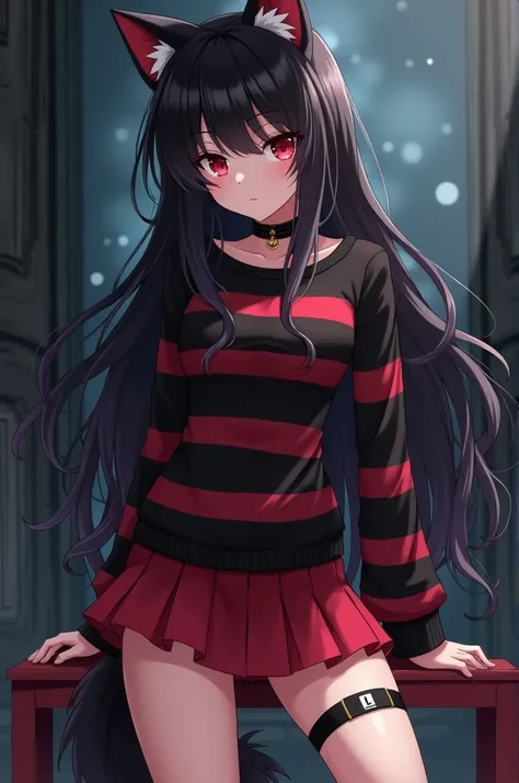 Create an anime girl with long black hair who has a long-sleeved shirt with black and red stripes that is a wolf and wears a short red skirt and stockings and a garter with a black strap on her right leg with the letter L 