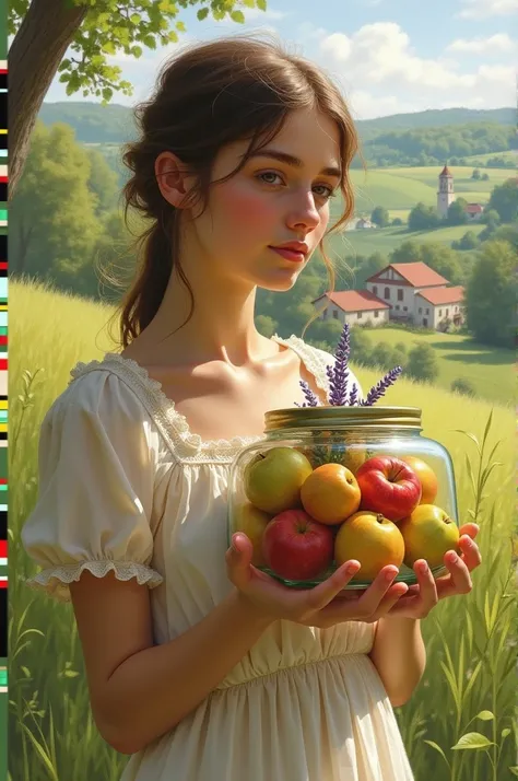 Girl with a jar of French fruits