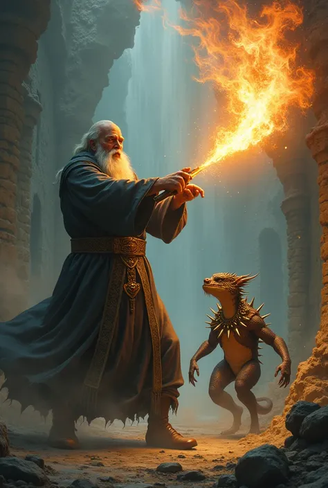 a wizard dodging a fireball that was thrown at him with a creature with a spiked necklace, the wizard reclining to avoid the attack