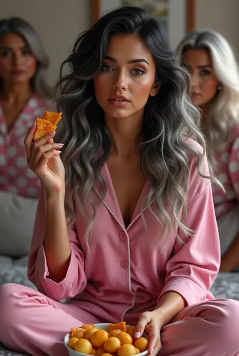 A pretty youthful looking gray haired Hispanic version of Ariana Grande as a 50 years old woman with her long curly comple tely hair in a big curls styles her graying hair transition from jet black fading to silver at the ends, her hair complements her mat...