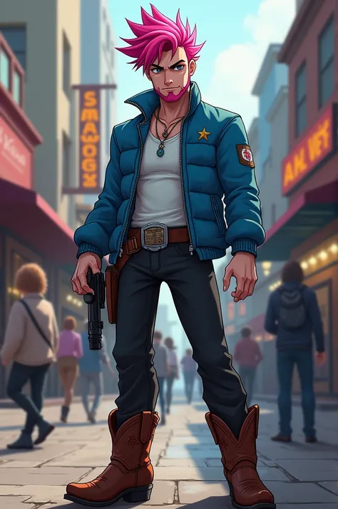 He is a man from 22 to 33 years old he has spiky pink hair he is a sheriff in the city he has a small beard the same color as his hair black eyes and white skin he has a blue jacket and a white shirt he has black pants and a cowboy boot character man Brawl...