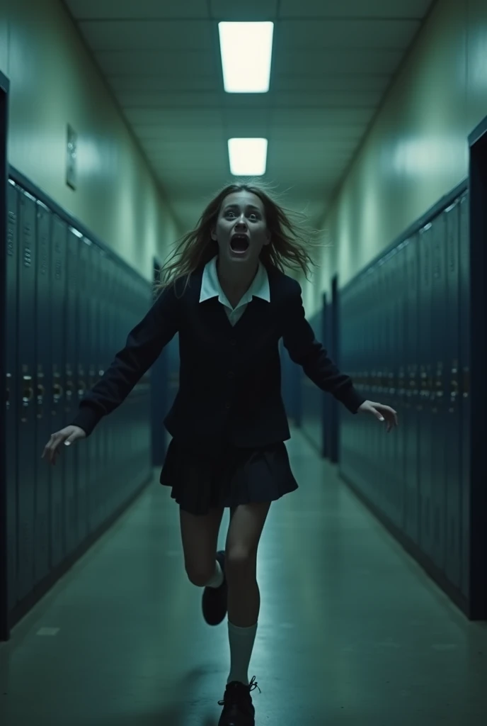  a teenager,  running down the dark corridor of the school ,  with an expression of terror and sweat on his face , dressed in school uniform,  in a long, empty corridor with flashing lights, The background shows lockers and closed doors , long shot,  hyper...