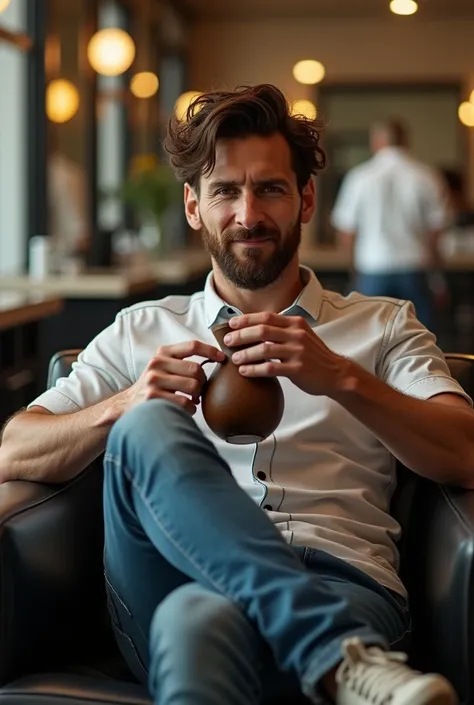 Messi drinking mate in a hair salon