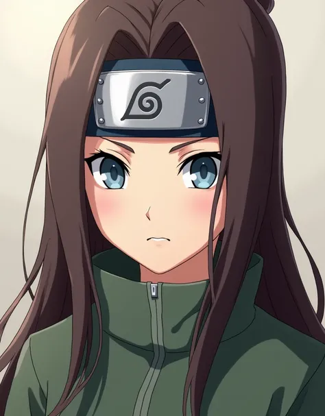 Picture of an anime girls face  "Naruto",  with brown hair and gray-blue eyes,  with a hidden leaf village protector on her forehead  