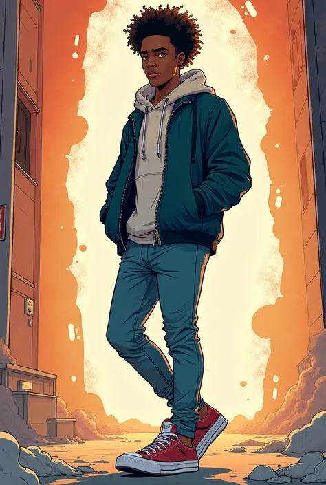 A novel cover where the boy is black skin colour who is eighteen with a sarcastic grin who dresses with a jacket and sweatpants with hightops and the art style with light novel illustration about him time looping 