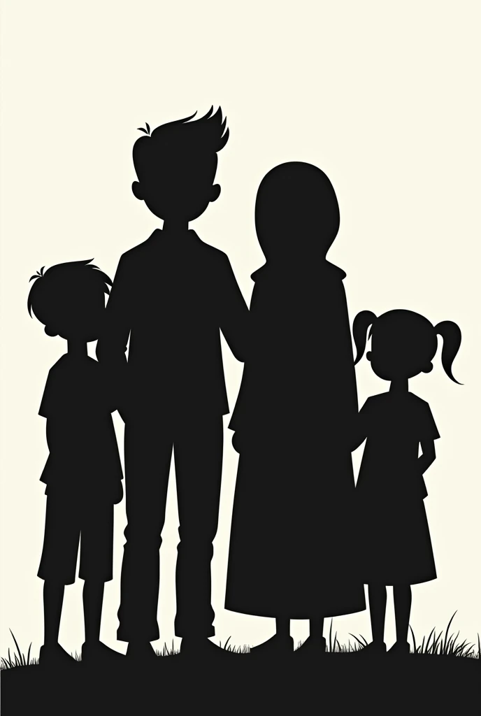 Shilouette of a family consisting of a father with a quiff hairstyle, a mother with a headscarf, a son with a bowl hairstyle, and twins, a boy and a girl