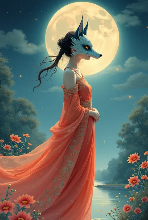 Woman wearing chinese dress wearing fox demon mask moon background painting