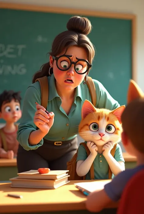 A pixer cartoon style teacher, wear glasses,she is too angry, she is in class room around the student she to scold on a pixer cartoon style cat,wear white shirt and black jeans, cat  wear beg pak cat is in sad mood teacher is angry  and cat is crying  a te...