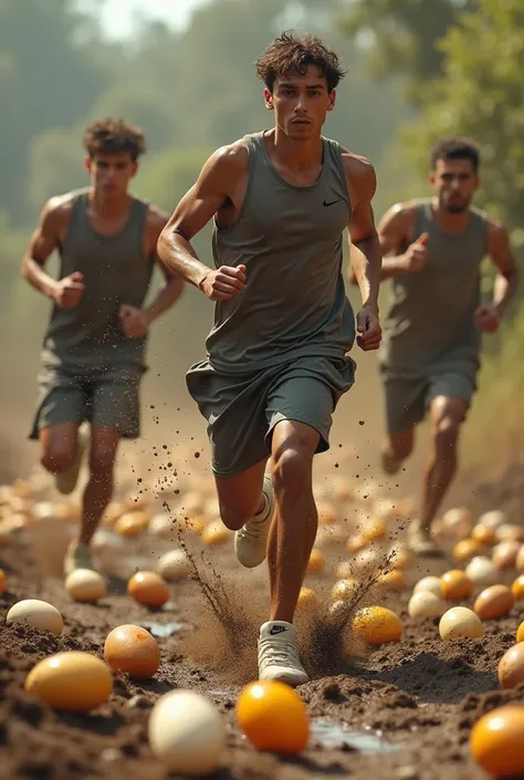  Sporty young men in Nike air max 90 muddy running over eggs on the ground. Tous les oeufs éclatent et giclent sous leurs pieds dans la boue 