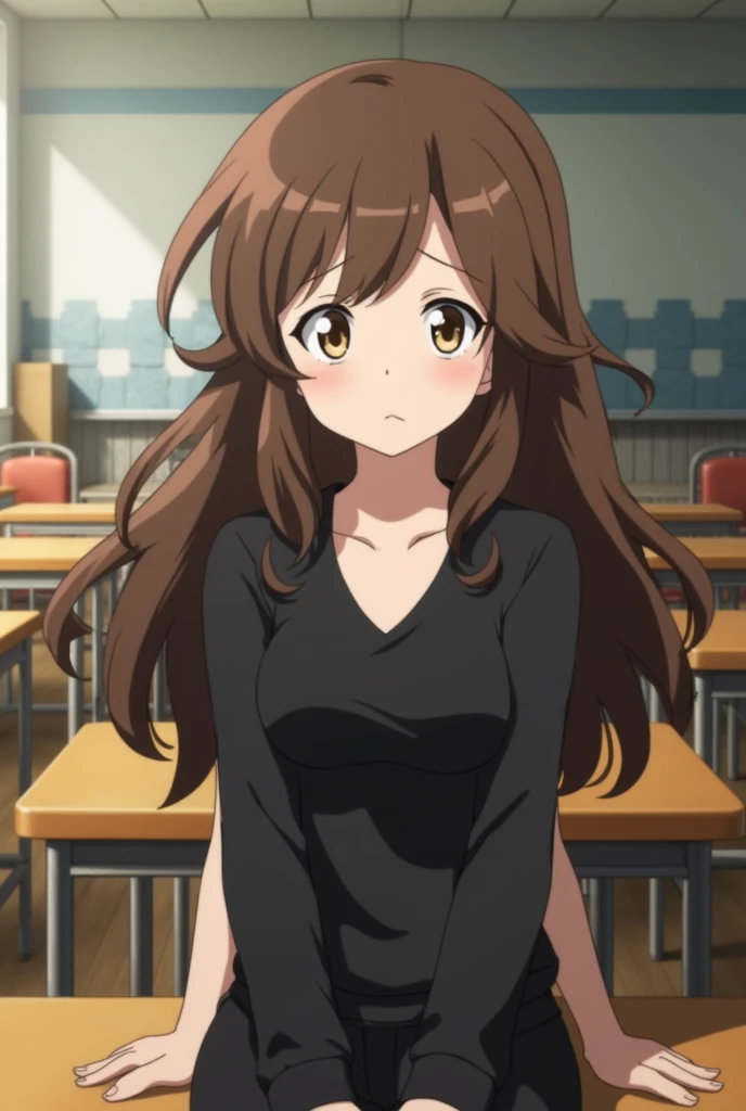  Screenshot of Boku no Hero Academia 
Girl with long wavy brown hair,  brown eyes,  Tired expression ,  medium breasts. She wears a black top and black shorts in the background she has a school class from the UA 