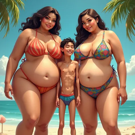 Make two fat and tall girls in swimsuits and huge breasts
And make a thin and skinny guy in swimming trunks between them and his face is crushed by the girls tits