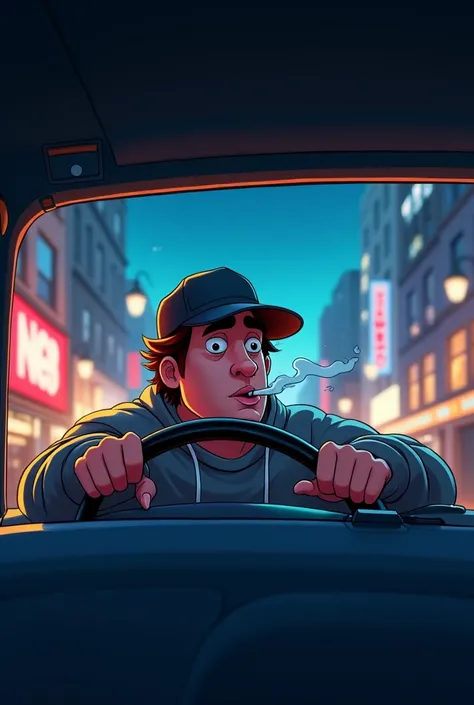  A person who is driving and that you can see the landscape inside the car, head on,  that the person wears a hat behind ,  the person wears a sweatshirt and that they smoke , The landscape of a city at night ,  I want the cartoon image for an album , a 3D...