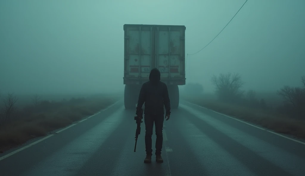 creepy truck horror at night, THUNDER, man standing  on empty dark road with big gun , real truck. creepy horror, foggy, eerie. 16K resolution, ultra-HD, extremely detailed, hyperrealistic, photorealistic, intricate textures, sharp focus, vibrant and dynam...