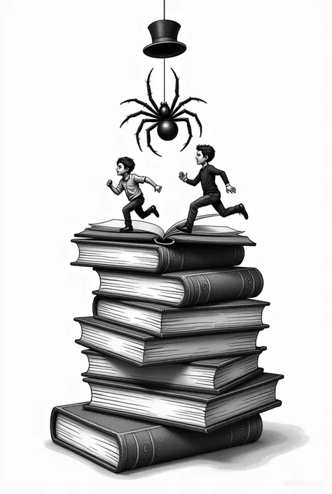 A tattoo in black and white of a sack ot books im different position, the top one is open and there is a teenager boy, and a grown man running on top of that book, above the boys there is a spider hanging down with a top hat
