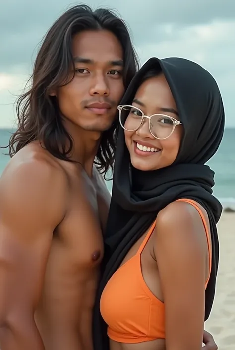 ((best quality)), ((masterpiece)), (detail), perfect face An Indonesian man with a chubby body, clean face, long hair, with a very beautiful Indonesian girl, wearing a big round solid bikini, wearing a hijab, clear glasses, beautiful and hot, facing straig...