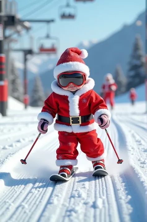 Un bébé avec une combinaison du père Noël et un chapeau du pere Noël qui fait du ski sur une piste de surf avec des grosses lunettes de ski la neige sur la piste a déjà des traces de passages de ski et de sur. Il y a des gens qui font du ski et qui attende...