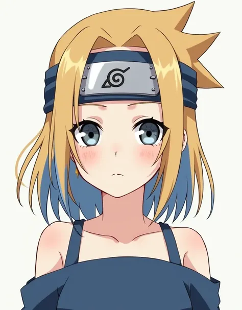 Picture portrait of a girl in anime style "Naruto", with blond brown hair ,  with one blue lock and gray-blue eyes,  with a hidden leaf village protector on her forehead , with a blue blouse with open shoulders 