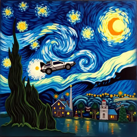 A Starry Night art style painting of the iconic Back to the Future DeLorean car flying through the sky above a peaceful landscape with trees, houses, and a clock tower. The sky is filled with swirling stars and a large, glowing moon.