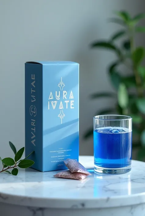 Drink box with sachets . Name of product " AURA VITAE" . ADD glass that have blueberry water