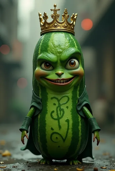 A bright acidic green cucumber with eyes, mouth and nose is a thief in law with a crown on his head and tattoos