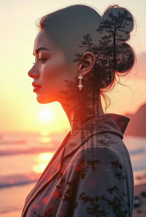 high quality, 8K Ultra HD, A beautiful double exposure that combines an goddess silhouette with sunset coast, sunset coast should serve as the underlying backdrop, with its details incorporated into the goddess , crisp lines, The background is monochrome, ...