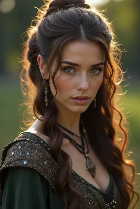 Close-up, one woman, brown hair, elaborate hairstyle, ancient Viking noble outfit, jewelry, dynamic pose, complex fantasy character, NSFW, cinematic lighting, fantasy, magic, in the gardens of a palace in a Nordic country, detailed background, best quality...