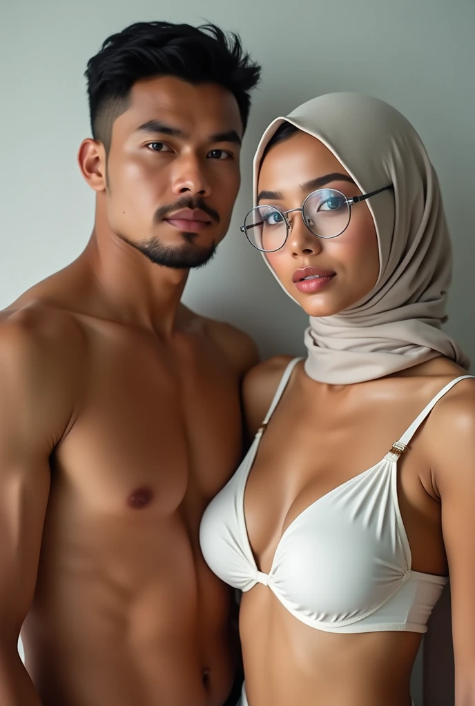 ((best quality)), ((masterpiece)), (detail), a fat couple, a man with a perfect face, an Indonesian man with a fat body, a clean face, long hair, with a very beautiful Indonesian girl, wearing a big round solid breasted bikini, wearing a hijab, clear glass...