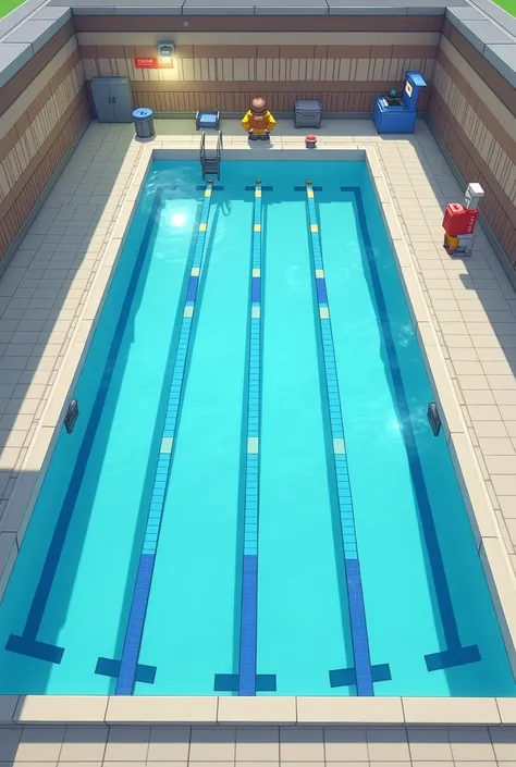  Create an indoor pool .  This indoor pool should have 5 swimming rows ,  which are separated from each other .  The pool of the indoor pool should have a border,  on which you can run , On which are lockers ,  a cash register and a lifeguard .