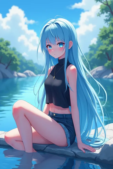 The figure of a beautiful girl with bright light blue hair, And his blue eyes are like crystals with anime art 
The girl had a firm and graceful expression, had a sharp gaze like an eagle and had long hair, He appeared to be sitting on the edge of a beauti...