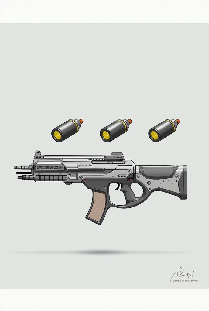 Generate a drawing of a rifle that shoots gas capsules. The drawings also include the gas capsules that the rifle shoots. Figure. Drawing. Non-detailed drawing of the rifle and capsule