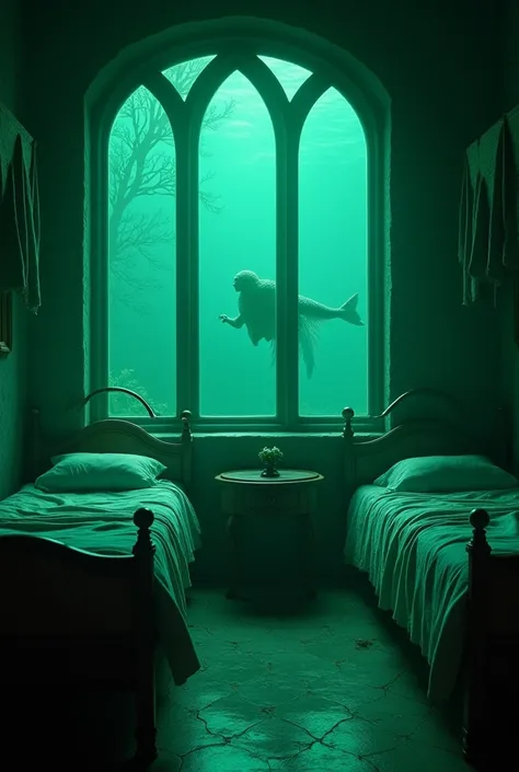  A large Hogwarts dormitory ,  with slightly greenish light , with 2 beds ,  with two large glass windows and outside you can see the bottom of the lake and a mermaid swimming in it