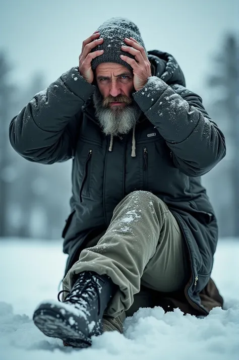 Make a photo Where a man is transferring his heads temperature to his leg in winter 