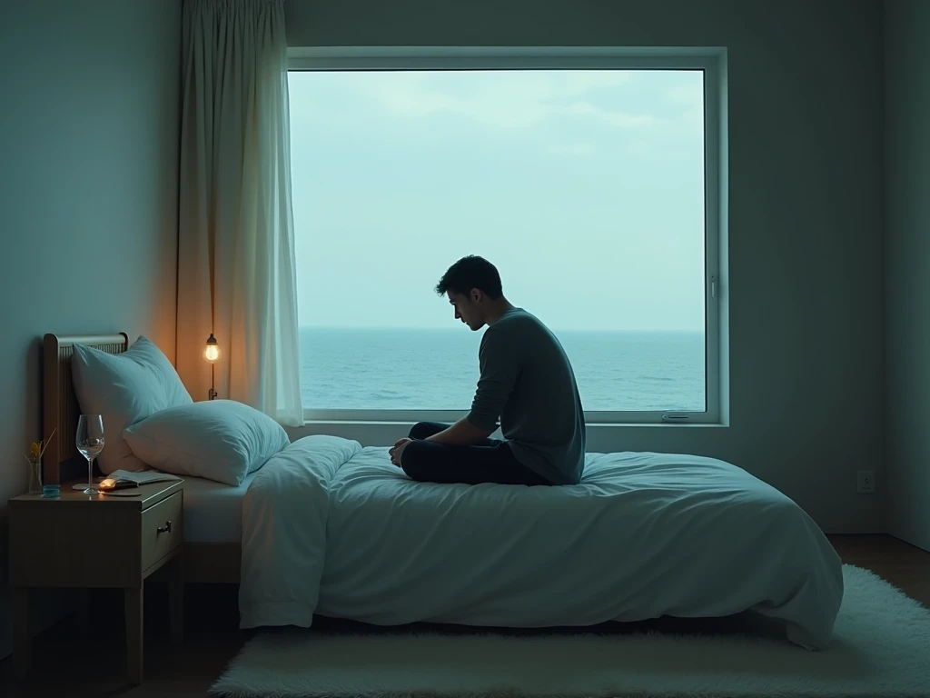  man in love thinking sadly on a bed. room with ocean view . Empty bed .