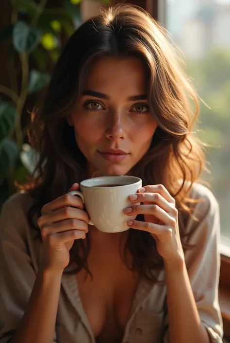 Create images of a 25-year-old Brazilian light-brown-haired girl drinking coffee