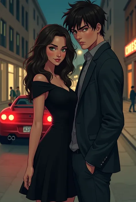  Generates an image where a 20-year-old girl ,  dark brown hair , long and wavy, with dark green eyes, straight nose,  marked jaw , thesis Clara,  who is dressed in a black dress ,  next to a boy taller than her , 26 years old, You look rude , dark haired,...