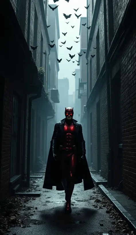 Daredevil in a dark alley with bats flying overhead: A scene of vigilance and mystery.