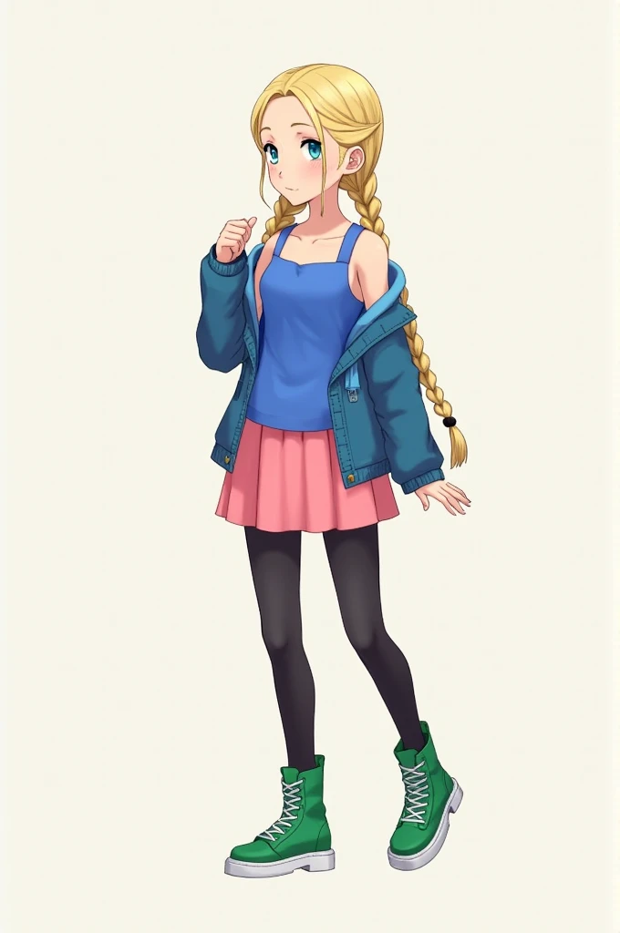 1girl, solo,  long_hair,  blonde_hair, braids, light blue eyes light skin,  
 blue blouse with sleeveless sleeves, short pink skirt, blue_denim jacket, black tights, short green boots white laces real_cinematic, medium_breasts, teen,