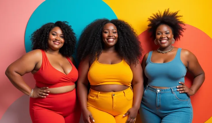 A vibrant and empowering image of a BBW women, confident BBW women of ethnicities, dressed stylishly and smiling, standing against a colorful, modern background with abstract shapes. The mood is uplifting, showcasing body positivity, emotional warmth, and ...