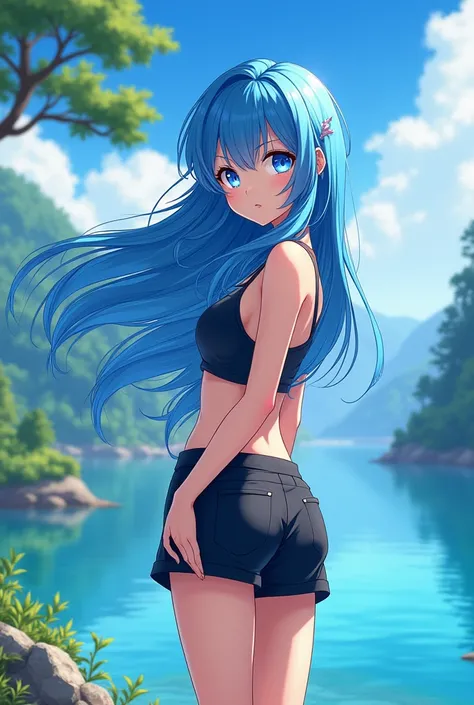 The figure of a beautiful girl with bright light blue hair, And his blue eyes are like crystals with anime art 
The girl had a firm and graceful expression, had a sharp gaze like an eagle and had long hair, He appeared to be Stand on the edge of a beautifu...