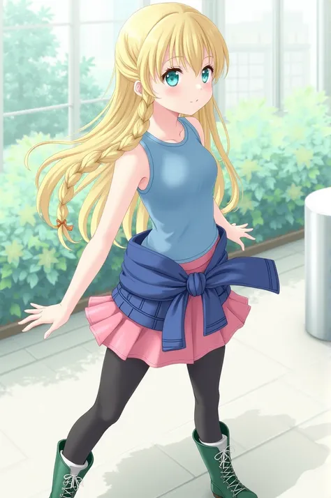 1girl, solo,  long_hair,  blonde_hair, braids, light blue eyes light skin,  
 blue blouse with sleeveless sleeves, short pink skirt, blue_denim jacket, black tights, short green boots white laces, epic_realism, medium_breasts, teen,