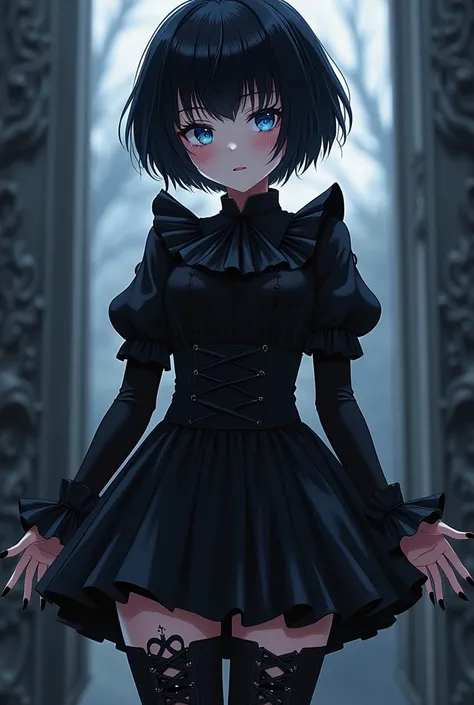  Create a feminine character with short cropped hair with a fringe that covers a very short forehead.  The hair color is black and your eyes dark blue .  Your black clothes look like that of a clown but are more of a short gothic dress .  The black boot th...