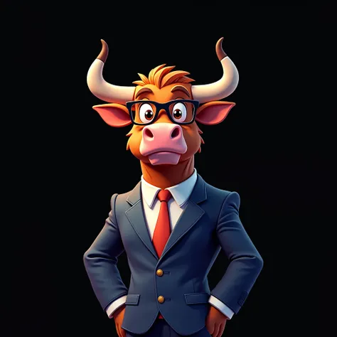 Create a vibrant Bull in a glasses with a suit,  minimalistic cartoon style, in the background a blackish style. 4k high dimension 