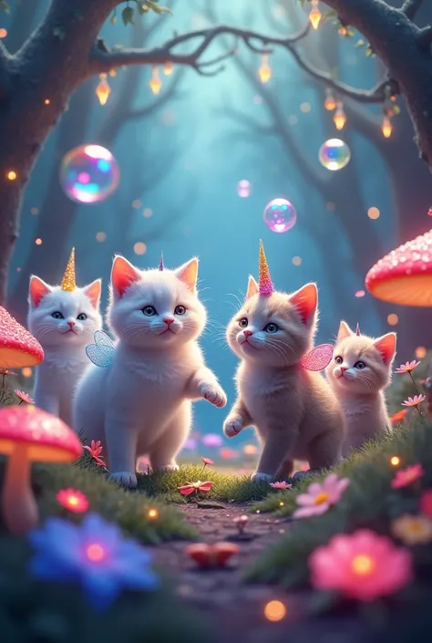 A group of four magical cats is playing together in a whimsical garden filled with glowing plants and sparkling flowers. Each cat has unique magical features: one has a unicorn horn that glows softly, another has butterfly wings, the third has star-shaped ...