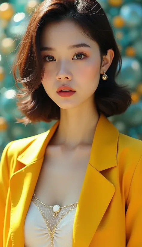 a close up of a woman in a yellow jacket and white top, cropped shirt with jacket, lulu chen, lalisa manobal, korean womens fashion model, gemma chen, wearing a fancy jacket, gorgeous female jade tailor, gorgeous young model, chengwei pan, louise zhang, go...