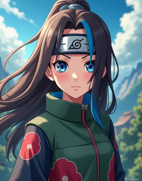 Anime style girl "Naruto", with long brown hair,  with one blue lock and gray-blue eyes,  with a hidden leaf village protector on her forehead , in  "Naruto" 