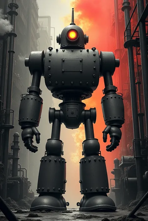 A robot like the steel giant Old Disney animation from the 1930s in black and white in a factory with half of the colored image