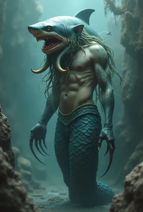 A shark-headed creature with an octopus tentacle beard ,  with a human body with fish scales with a long mermaid tail in place of its legs