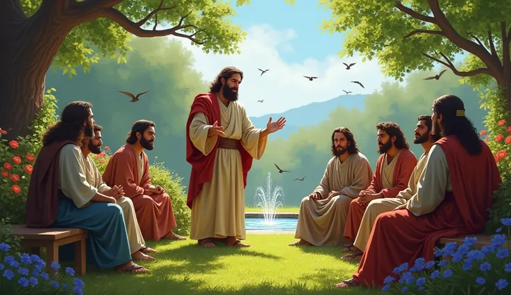 Paul in a Garden Gathering:
In a lush garden filled with greenery and flowers, Apostle Paul stands among a small group of followers. The background shows trees, a small fountain, and birds flying in the sky. Paul passionately discusses noticing and replaci...