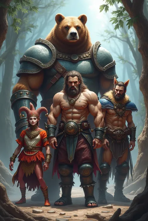 an armored bear and another human male mercenary and another human male jester and another human male buff barbarian and anither sorcerer cat and another lanky male goblin