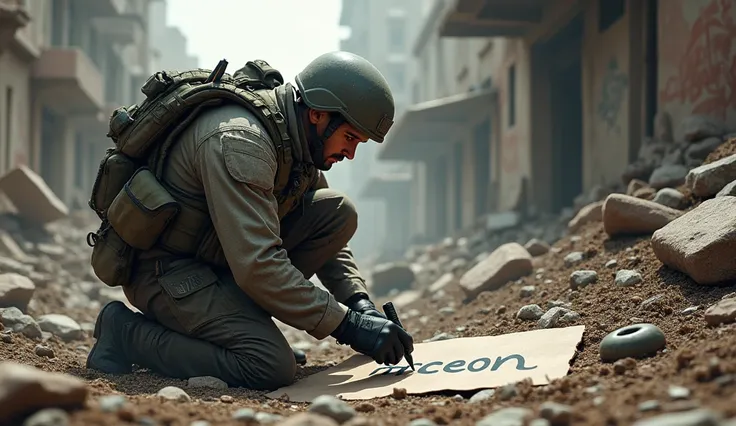 A soldier writing"MrCeon", background, 